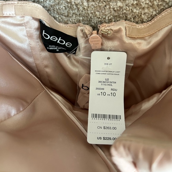 BEBE Beaded Chiffon Perlee Overlay Sleeveless Soft Pink Jumpsuit Dress Size 10 - Picture 9 of 9